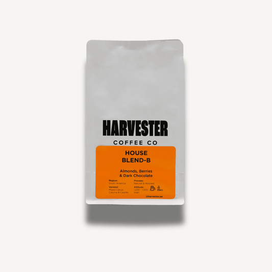 B House Blend South America specialty coffee bag with chocolate, nut, and caramel tasting notes