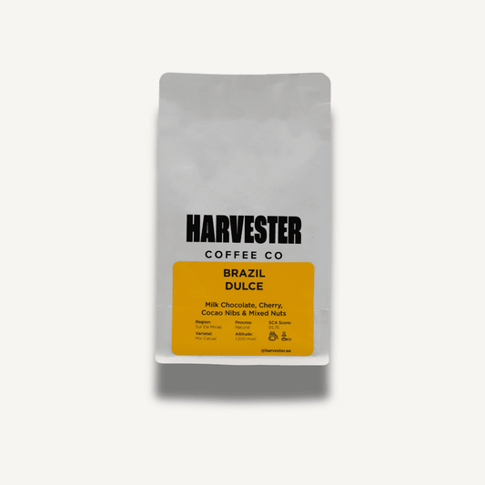 Brazil Dulce Natural specialty coffee bag featuring smooth milk chocolate, caramel, and cashew notes